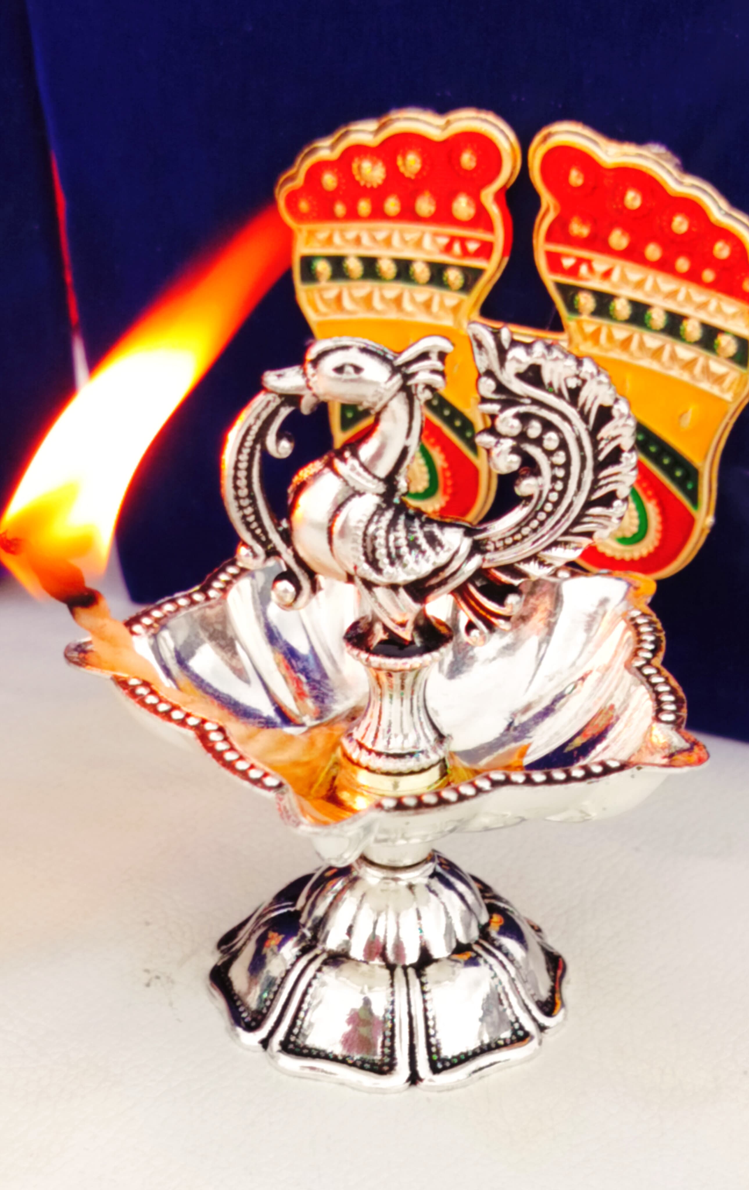 Antique German Silver Daily use panchmukhi Peacock Diya, Set of 2 Pieces